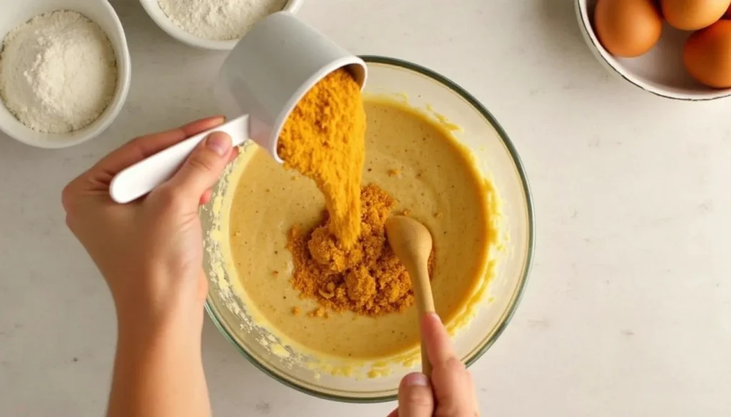 Why Butterscotch Pudding is the Secret to Perfect Cookies 6 A close-up of butterscotch pudding mix being added to cookie dough in a mixing bowl.