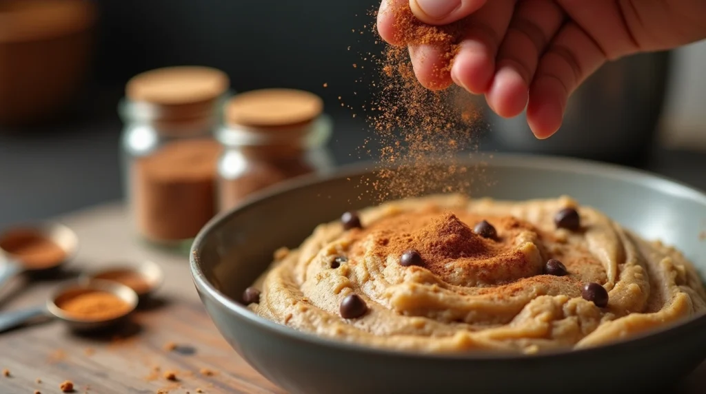 Why Butterscotch Pudding is the Secret to Perfect Cookies 12 A hand sprinkling cinnamon or nutmeg over cookie dough to enhance flavor.