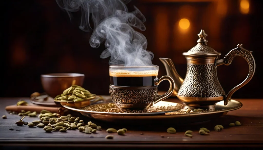 Discover 6 Best Traditional Arabic Breakfast Dishes: A Taste of Heritage and Flavor 14 A steaming cup of Arabic coffee, flavored with cardamom, served with a traditional coffee pot