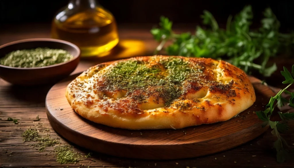 Discover 6 Best Traditional Arabic Breakfast Dishes: A Taste of Heritage and Flavor 9 Traditional baladi bread with olive oil and za'atar seasoning
