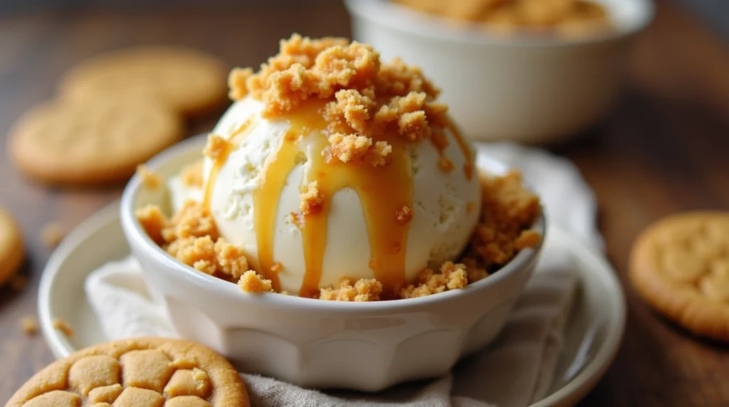 Why Butterscotch Pudding is the Secret to Perfect Cookies 19 Butterscotch pudding cookies crumbled over a scoop of vanilla ice cream, creating a delicious dessert twist.