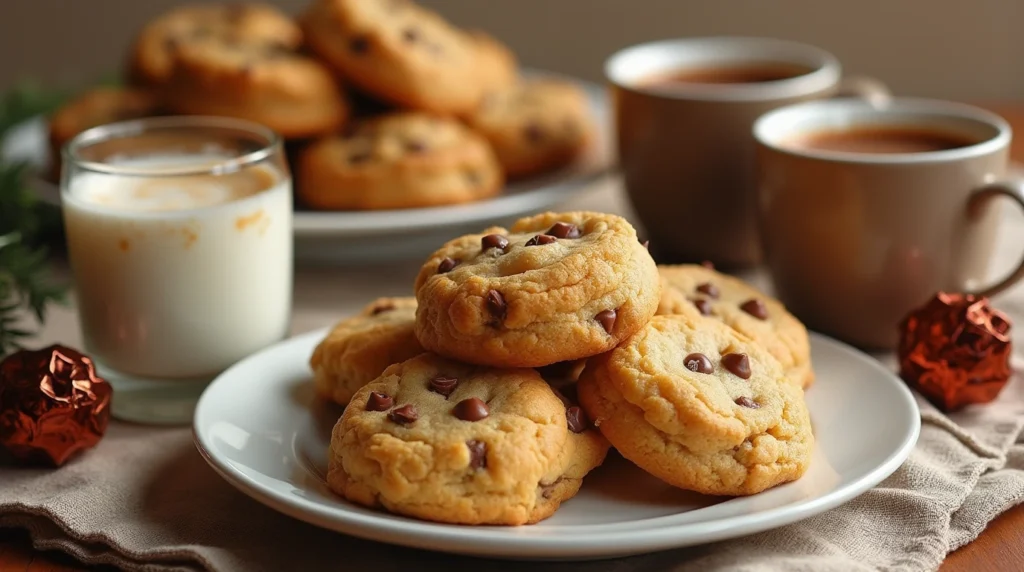 Why Butterscotch Pudding is the Secret to Perfect Cookies 16 Warm butterscotch pudding cookies served with milk, coffee, and hot chocolate, alongside a festive dessert platter.