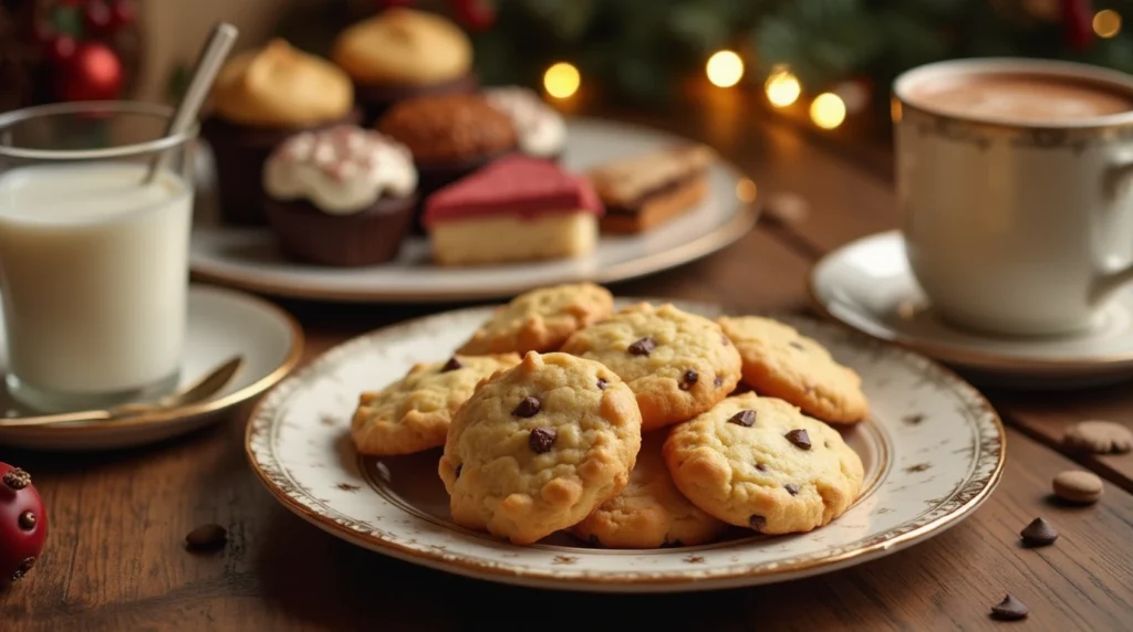 Why Butterscotch Pudding is the Secret to Perfect Cookies 17 Warm butterscotch pudding cookies paired with milk, coffee, hot chocolate, and a festive dessert platter.