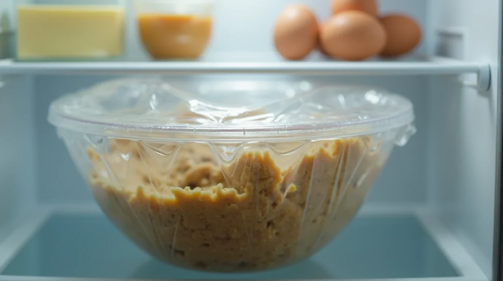 Why Butterscotch Pudding is the Secret to Perfect Cookies 11 Cookie dough covered in plastic wrap, placed inside the refrigerator for chilling.