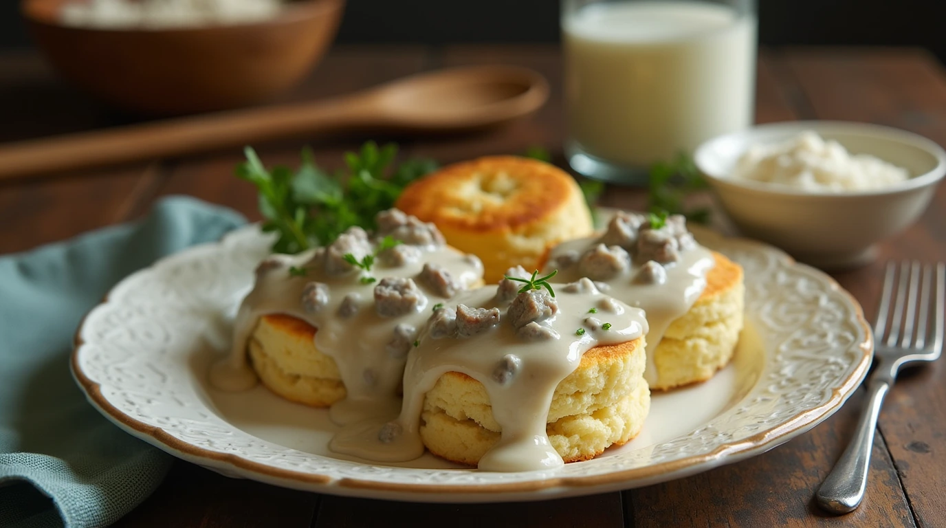 A comforting plate of flaky buttermilk biscuits topped with creamy sausage gravy, garnished with fresh herbs, on a rustic wooden kitchen table.