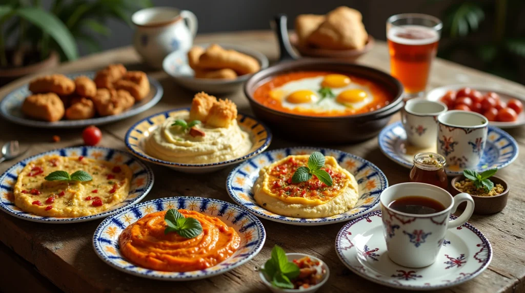 Discover 6 Best Traditional Arabic Breakfast Dishes: A Taste of Heritage and Flavor 17 A vibrant Arabic breakfast spread featuring hummus, foul medames, manakish, fresh vegetables, and olives on a rustic table.