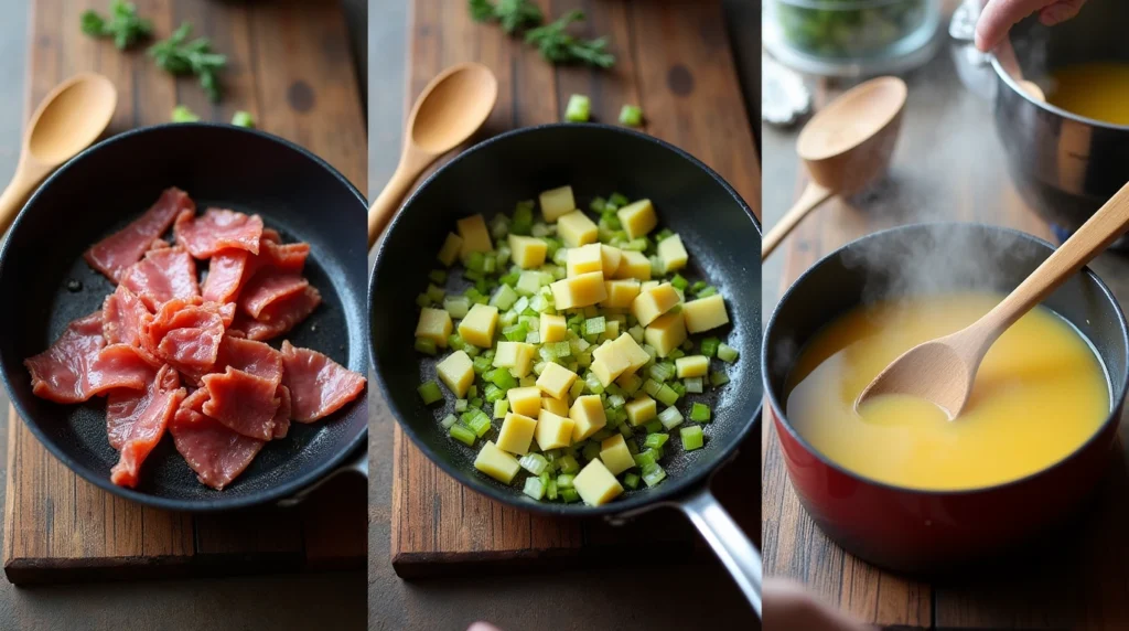 10 Quick & Easy Soup Recipes for Dinner Tonight 13 Step-by-step process of cooking cured meat leek soup: sizzling cured meat, sautéed leeks and potatoes, pouring chicken stock to boil.