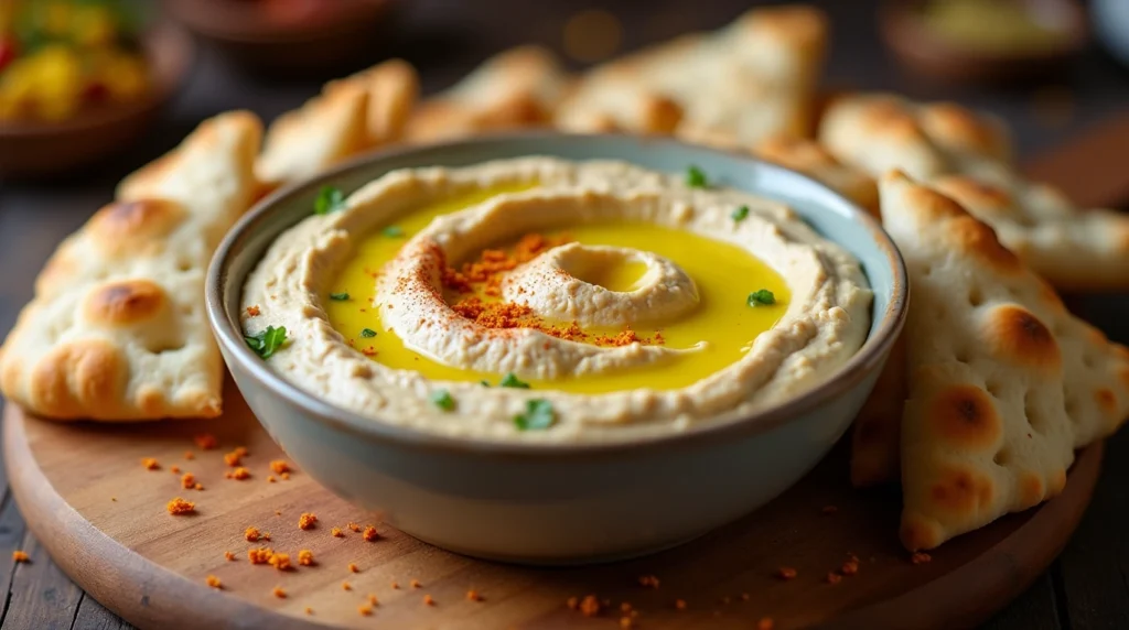 Discover 6 Best Traditional Arabic Breakfast Dishes: A Taste of Heritage and Flavor 4 Creamy hummus with olive oil and pita bread for dipping