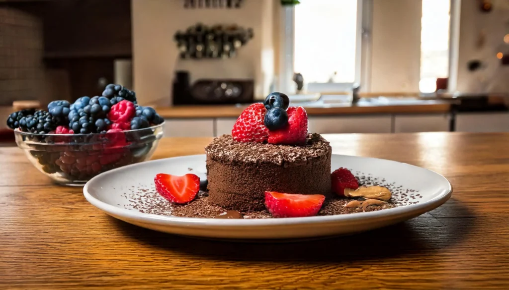 A delicious and nutritious homemade healthy dessert made with dark chocolate, chia seeds, and almonds, served with fresh berries on top