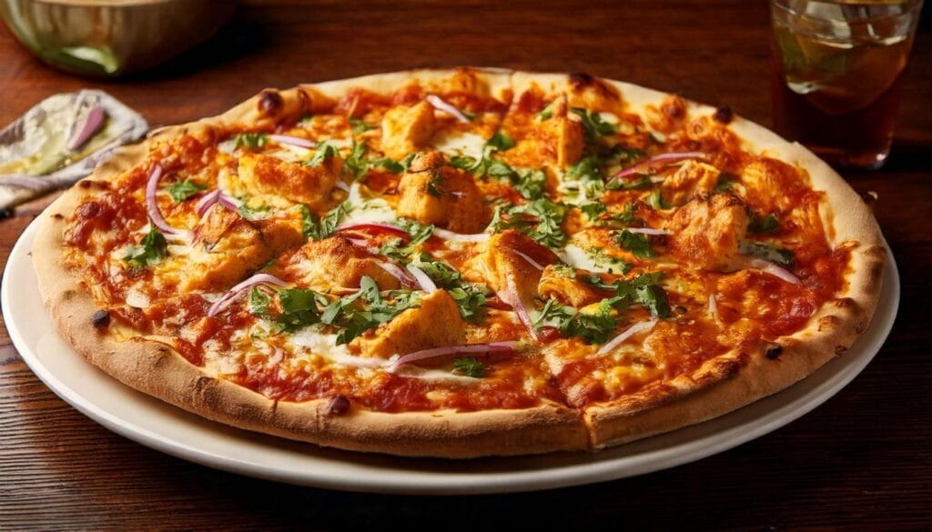 An irresistible Chicken Tikka Masala pizza with a crispy crust, topped with tender chicken, creamy tikka sauce, and fresh cilantro, served on a rustic wooden table.