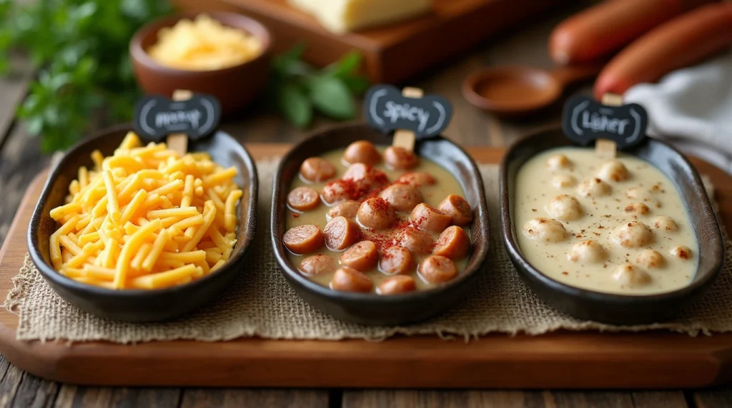 Different variations of sausage gravy, including cheesy, spicy, and lighter versions, on small plates