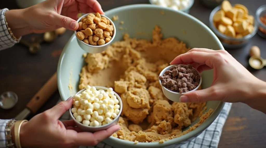 Why Butterscotch Pudding is the Secret to Perfect Cookies 13 Different add-ins like white chocolate chips, peanut butter chips, and toffee bits being mixed into cookie dough.