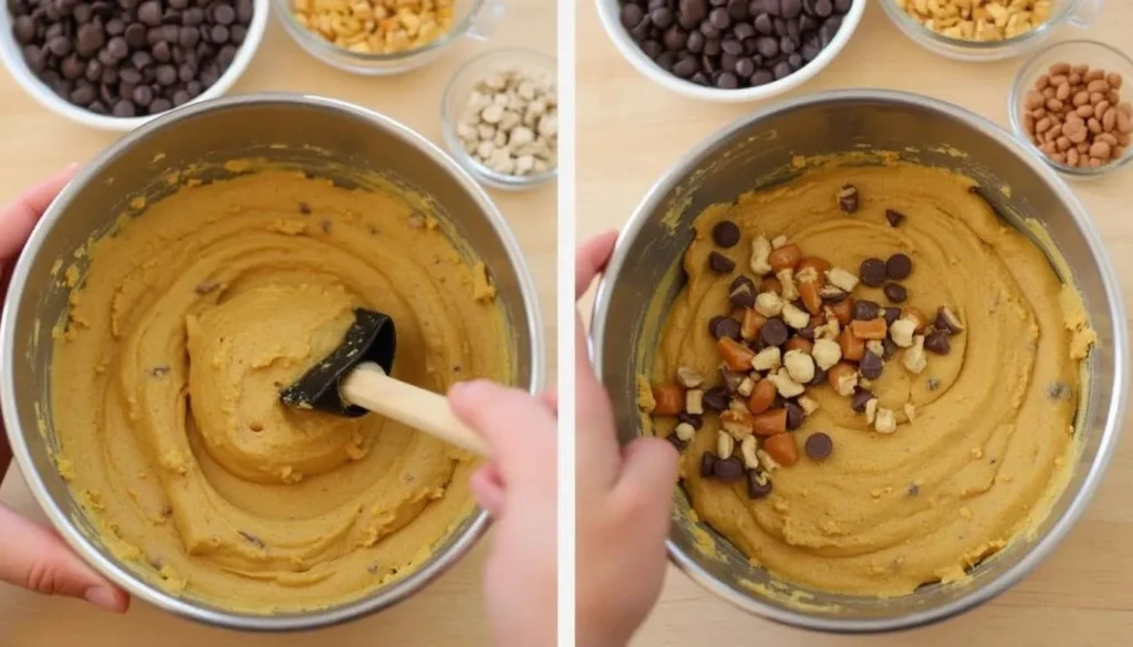 Why Butterscotch Pudding is the Secret to Perfect Cookies 8 Cookie dough in a mixing bowl being folded with chocolate chips, nuts, and caramel chunks.