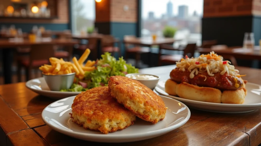 Crab cake and DC half-smoke sausage with fries in a cozy restaurant setting