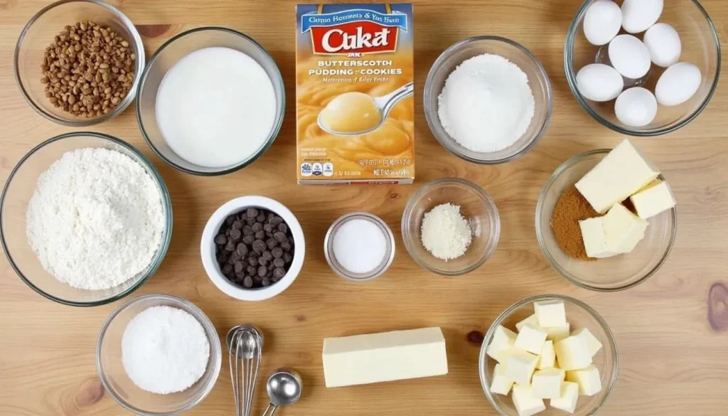 Why Butterscotch Pudding is the Secret to Perfect Cookies 3 All the ingredients for butterscotch pudding cookies, including butter, sugar, eggs, and butterscotch pudding mix.
