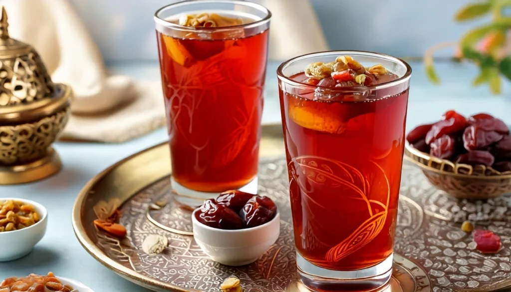 Discover 6 Best Traditional Arabic Breakfast Dishes: A Taste of Heritage and Flavor 16 A glass of Jallab, a Middle Eastern drink made with dates, grape syrup, and rose water garnished with toasted pine nuts, raisins, and pistachios