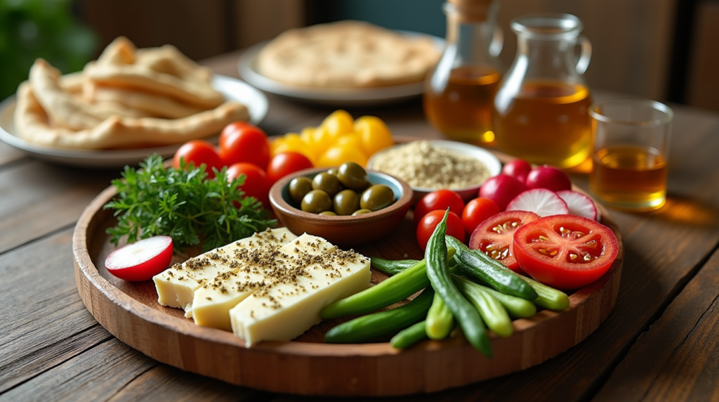 Discover 6 Best Traditional Arabic Breakfast Dishes: A Taste of Heritage and Flavor 3 Essential ingredients for Arabic breakfast, including olives, cheese, fresh vegetables, herbs, and pita bread