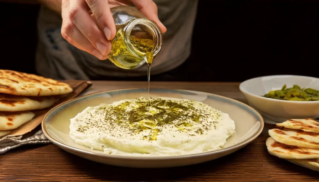 Discover 6 Best Traditional Arabic Breakfast Dishes: A Taste of Heritage and Flavor 8 A bowl of labneh topped with olive oil and za’atar, served with pita bread