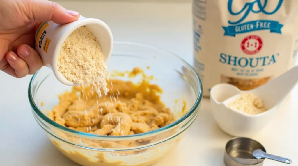 Why Butterscotch Pudding is the Secret to Perfect Cookies 14 A hand pouring 1:1 gluten-free baking flour into a bowl of cookie dough.