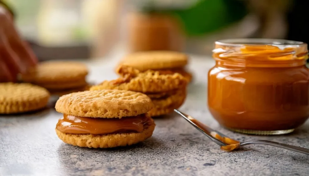 Why Butterscotch Pudding is the Secret to Perfect Cookies 15 Mini cookie sandwiches being made with chocolate ganache, set on a kitchen countertop
