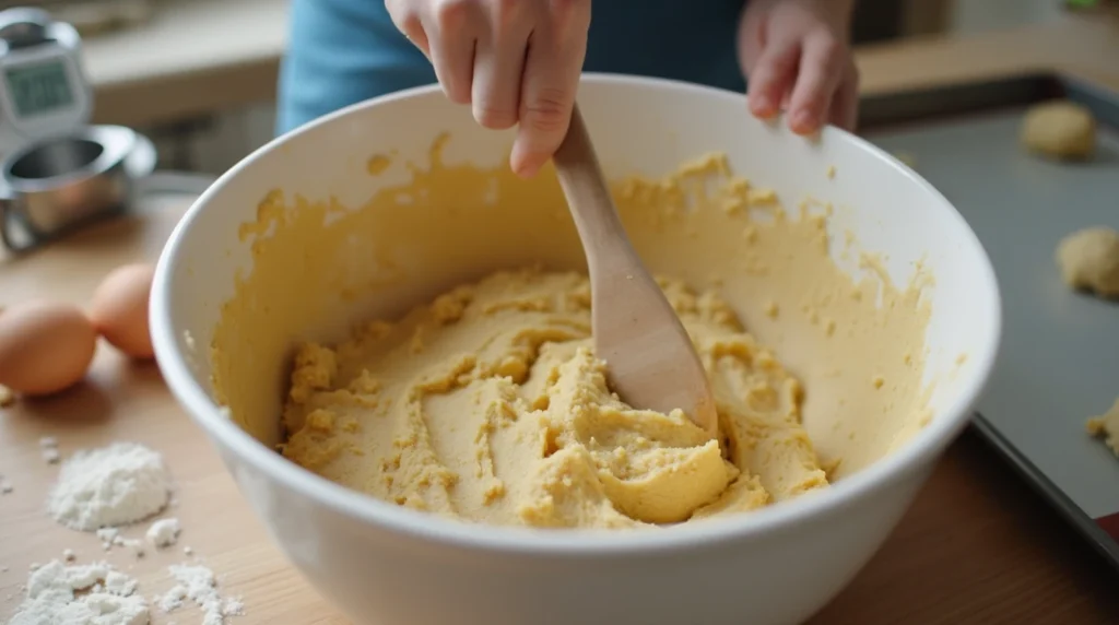 Why Butterscotch Pudding is the Secret to Perfect Cookies 5 A person mixing the cookie dough in a large bowl with visible butter and sugar, preparing for the next step in baking.