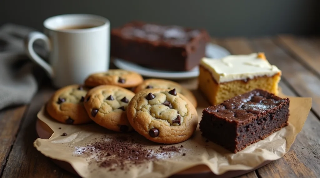 A variety of freshly baked gluten-free cookies, brownies, and cake slices on a wooden table, with a cup of coffee on the side.