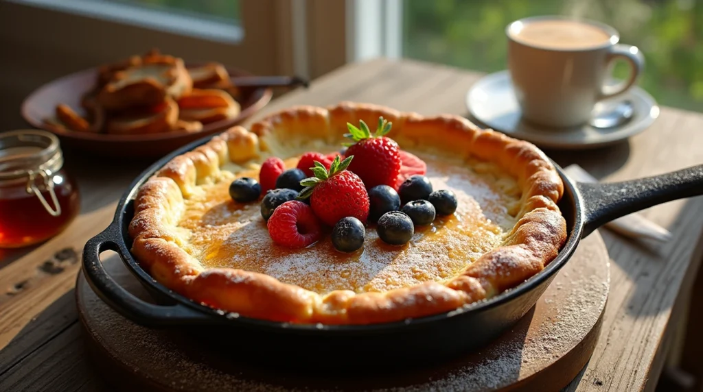 A golden-brown sourdough Dutch baby pancake in a cast-iron skillet topped with fresh berries, powdered sugar, and maple syrup.