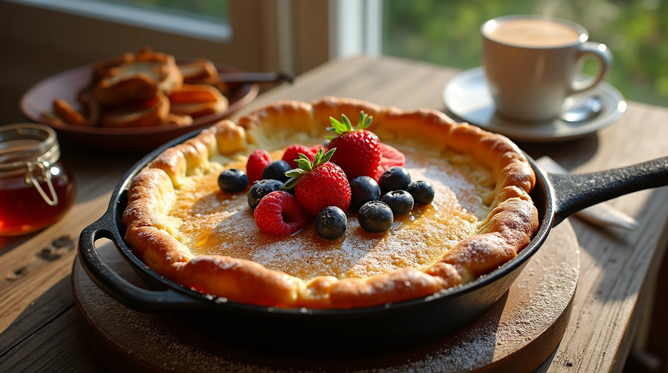 A golden-brown sourdough Dutch baby pancake in a cast-iron skillet topped with fresh berries, powdered sugar, and maple syrup.
