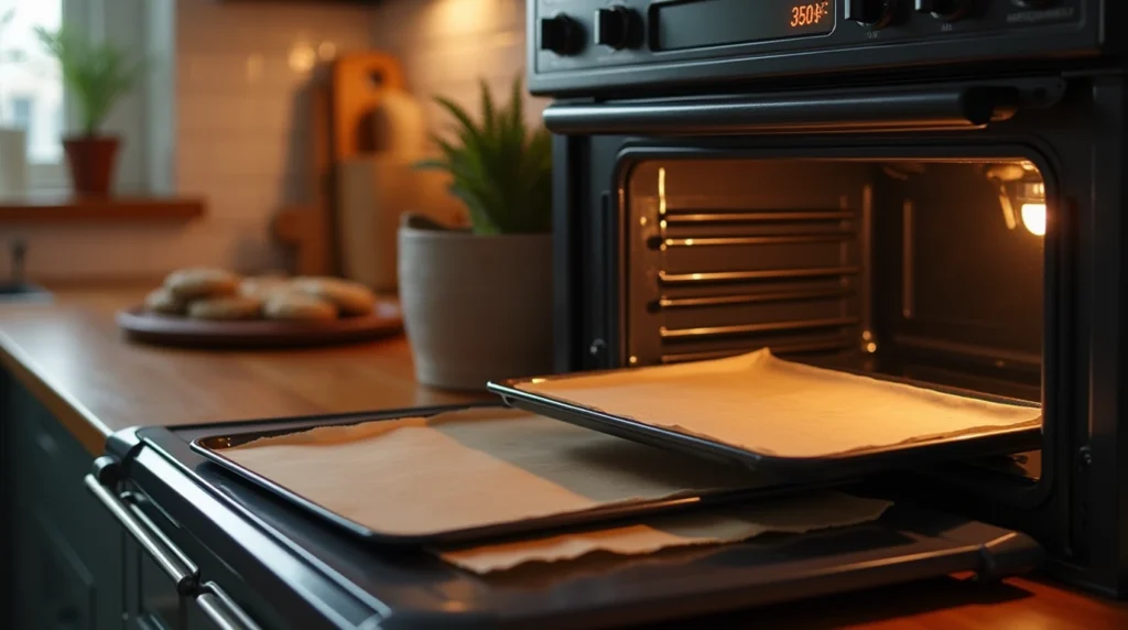 Why Butterscotch Pudding is the Secret to Perfect Cookies 4 Oven set to 350°F with two baking sheets lined with parchment paper, ready for cookie baking.
