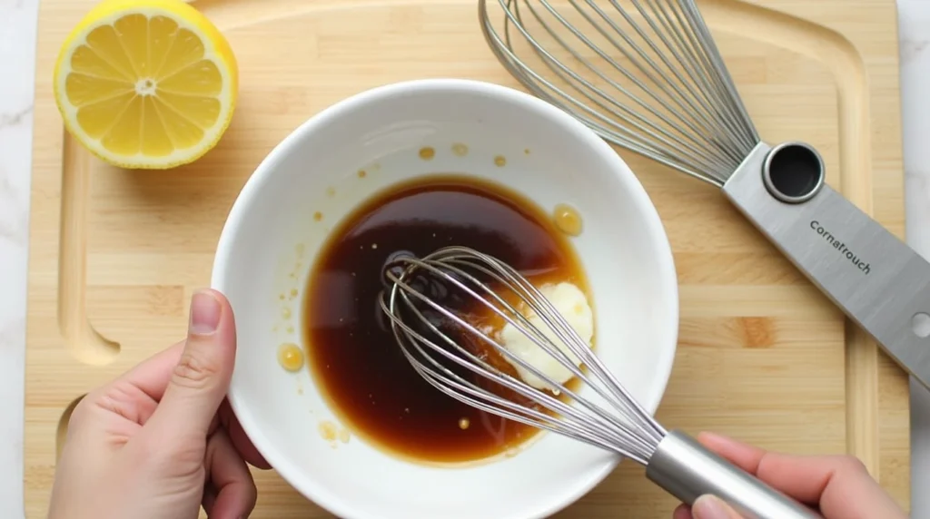 Whisking soy sauce, honey, lemon juice, and cornstarch together to create a flavorful sauce