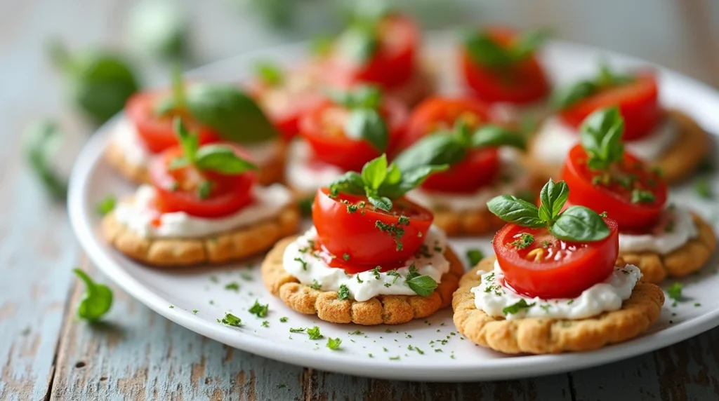 A platter of quick appetizers featuring crackers with cream cheese, cherry tomatoes, and fresh basil, perfect for impressing guests with minimal effort.
