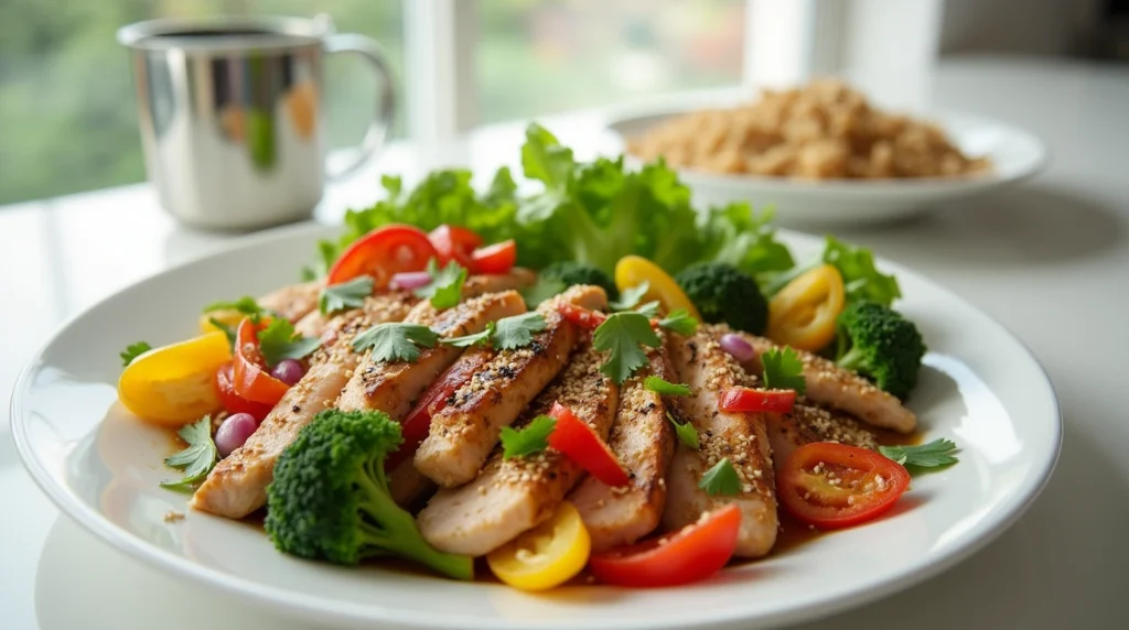 Healthy Weight Watchers-friendly dinner with sautéed chicken, broccoli, bell peppers, and quinoa, garnished with fresh herbs and sesame seeds.