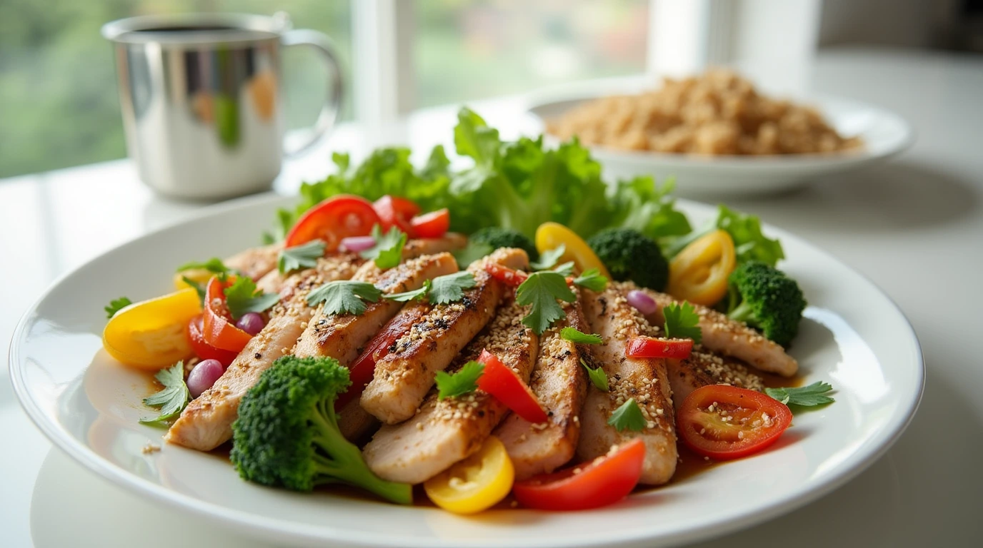 Healthy Weight Watchers-friendly dinner with sautéed chicken, broccoli, bell peppers, and quinoa, garnished with fresh herbs and sesame seeds.