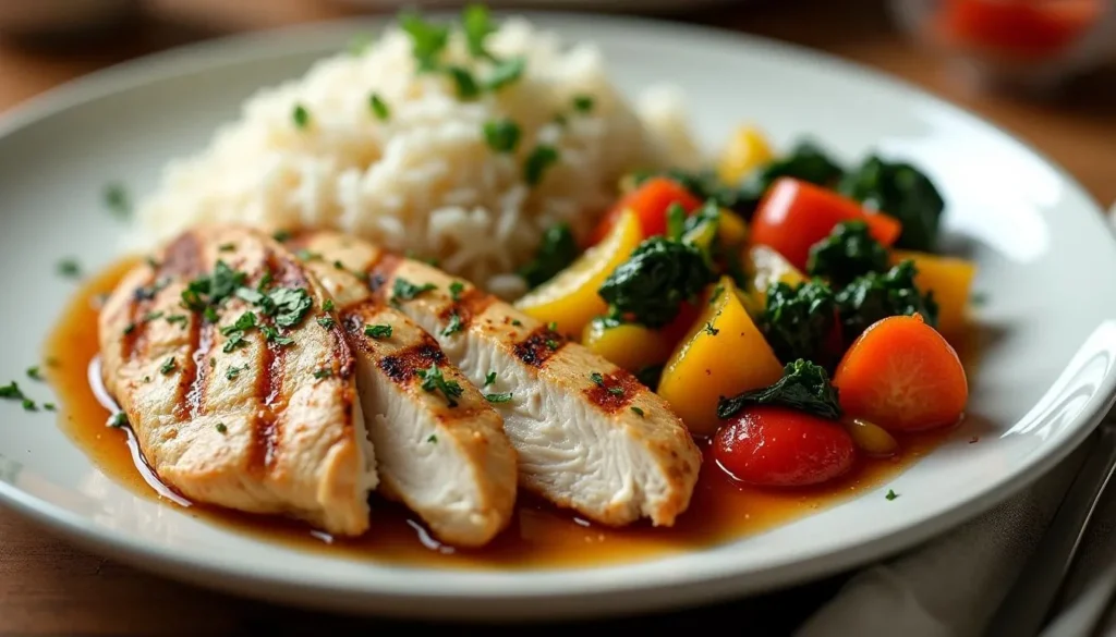 One of delicious and easy dinner recipes with grilled chicken, sautéed vegetables, and rice, ready in under 30 minutes