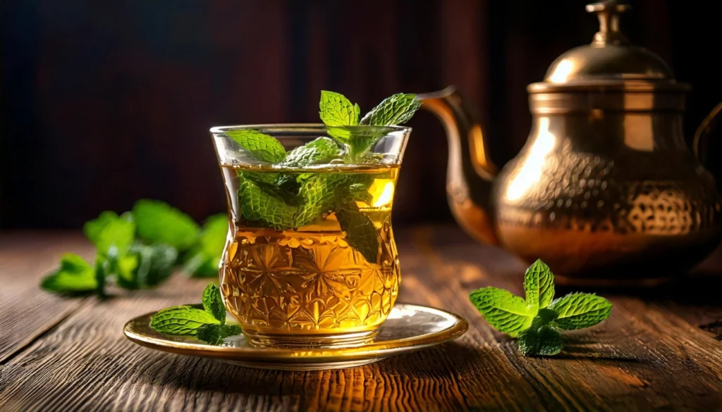 Discover 6 Best Traditional Arabic Breakfast Dishes: A Taste of Heritage and Flavor 15 A glass of traditional mint tea served with fresh mint leaves