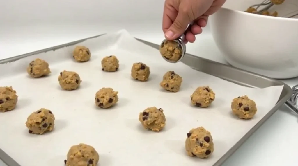 Why Butterscotch Pudding is the Secret to Perfect Cookies 9 Rounded cookie dough balls being placed on a parchment-lined baking sheet with a cookie scoop.