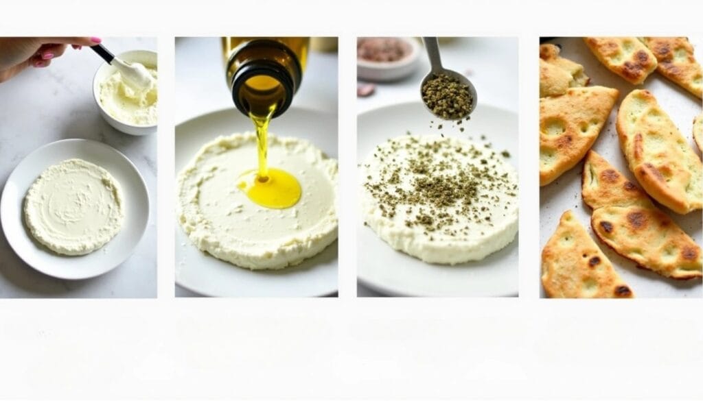 Step-by-step process of preparing labneh with olive oil and za'atar, served with pita bread for dipping.
