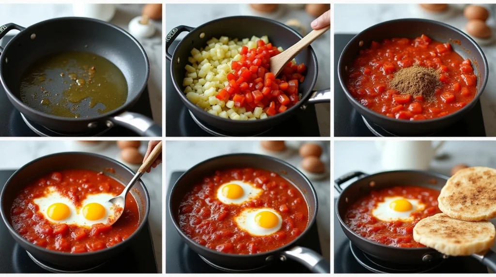Discover 6 Best Traditional Arabic Breakfast Dishes: A Taste of Heritage and Flavor 13 Step-by-step cooking process of shakshuka with sautéed onions, bell peppers, tomatoes, and poached eggs in a skillet.
