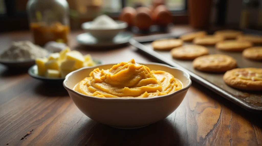 Why Butterscotch Pudding is the Secret to Perfect Cookies 2 Butterscotch pudding mix surrounded by cookie ingredients, with a tray of fresh cookies in the background.