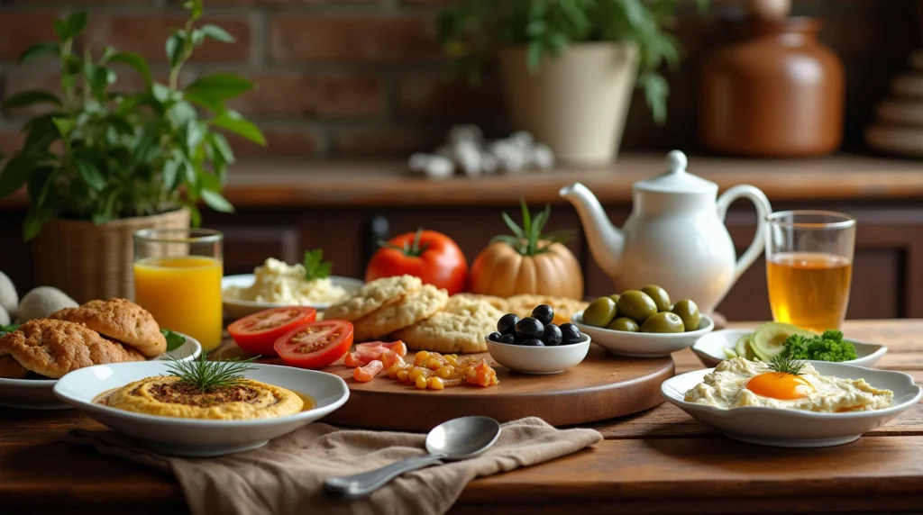 Discover 6 Best Traditional Arabic Breakfast Dishes: A Taste of Heritage and Flavor 2 Traditional Arabic breakfast spread with hummus, labneh, pita bread, olives, and fresh vegetables