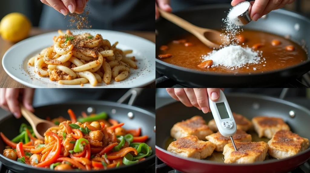 Four steps to troubleshoot cooking issues: seasoning, thickening sauce, sautéing veggies, and checking chicken doneness