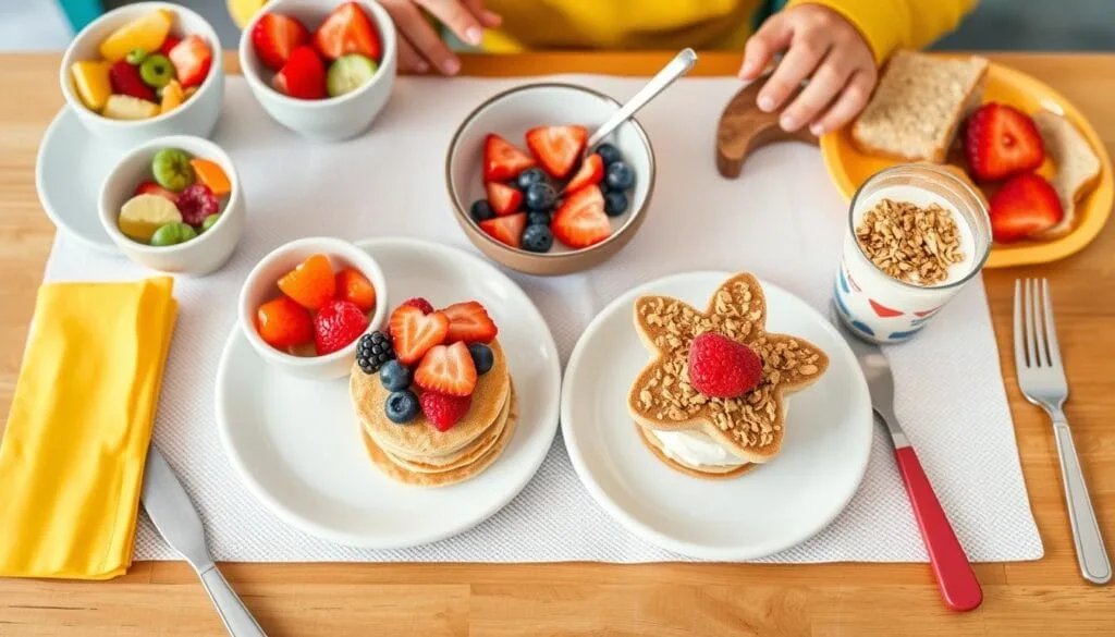 A colorful toddler breakfast plate with fresh fruit, whole-grain toast, scrambled eggs, and a small yogurt cup, served on a kid-friendly dish.