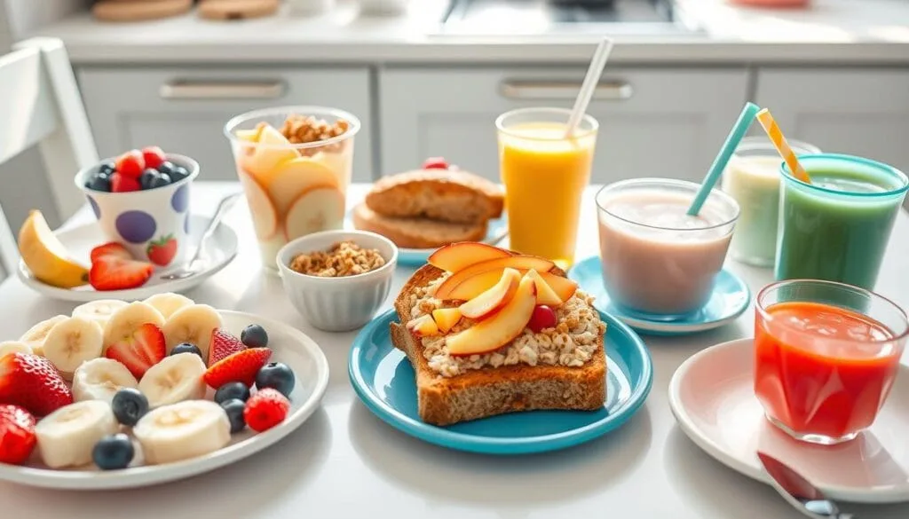 healthy toddler breakfast A vibrant toddler breakfast featuring sliced bananas, strawberries, blueberries, yogurt cups with granola, whole grain toast with almond butter, apple slices, oatmeal with peaches, and mini smoothies in colorful cups, all on a bright kitchen table.