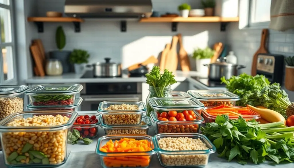 A well-organized kitchen counter displaying meal prep essentials, including pre-portioned soups, casseroles, and slow-cooked meats stored in glass containers, ready for the fridge or freezer.