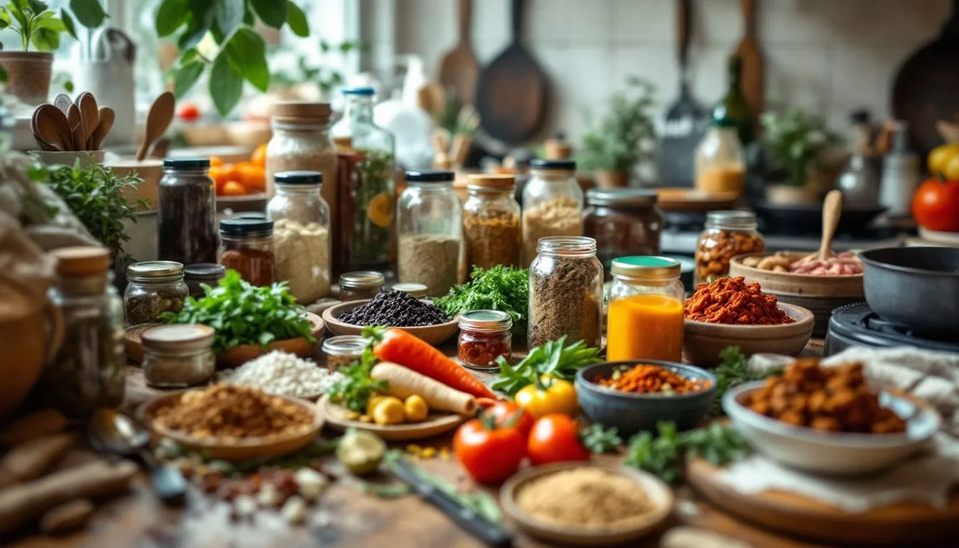 A stylishly set dining table with a variety of international dishes, including sushi, fish paella, dumplings, and vibrant salads.
