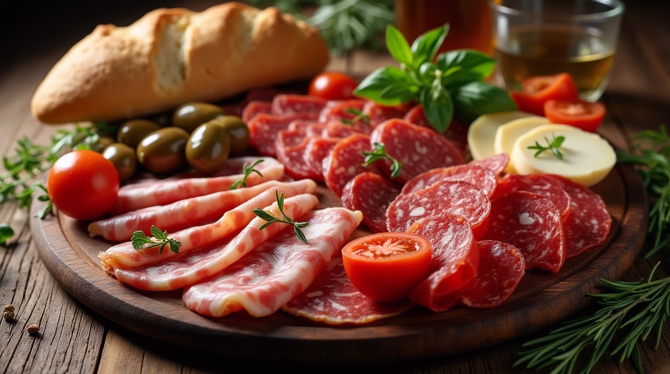 Platter of Italian lunch meats with mozzarella, olives, and herbs.