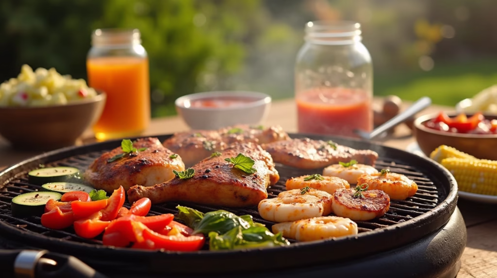 A barbecue grill with chicken, shrimp, corn, vegetables, and fresh sides in a sunny backyard setting.