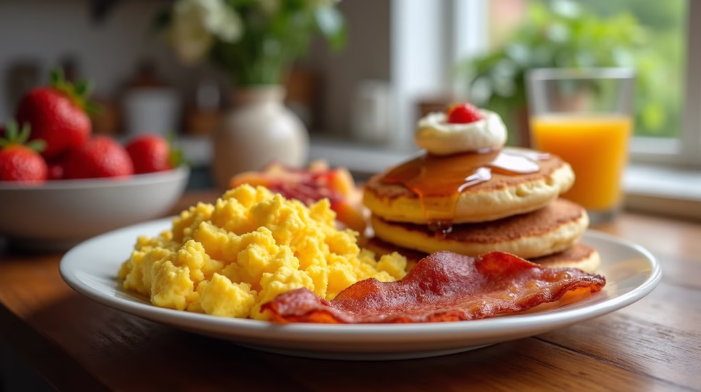 American breakfast with eggs, turkey bacon, pancakes, and fruit.