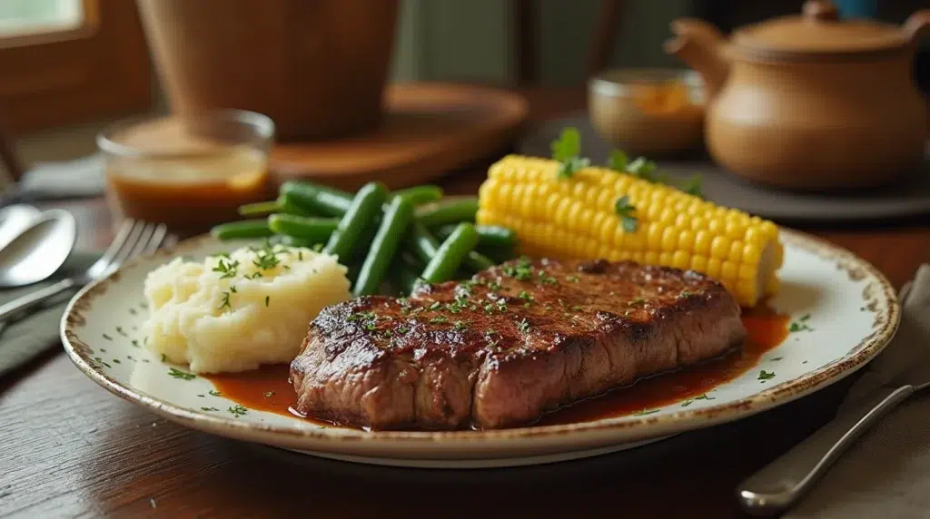A slice of classic American meatloaf with mashed potatoes, buttered corn on the cob, and green beans on a rustic wooden table, evoking a warm, nostalgic meal.