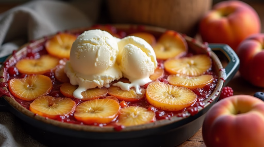 Freshly baked fruit cobbler with ice cream and whipped cream.